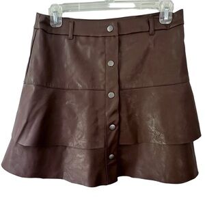 Haute Monde Chocolate Brown Faux Leather Tiered Mini Skirt with Snap Buttons